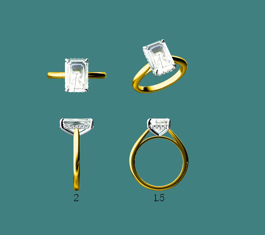 CAD design views of an emerald-cut ring